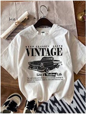 Belirtilmemiş Newon Beyaz Vintage Baskılı T-Shirt Unisex Günlük Stil Kısa Kol Dokuma Kumaş