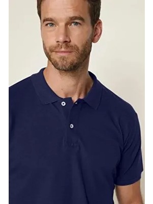 Erkek Slim Fit Dar Kesim Pamuklu Yumuşak Dokulu Serin Tutan Kumaş Düz Pike Lacivert Polo Yaka Tişört