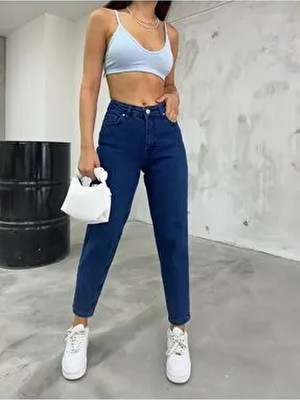 Bikelife Kadın Yüksek Bel Esnek Likralı Mom Jeans Denim 32 Beden Modern Düz Desen
