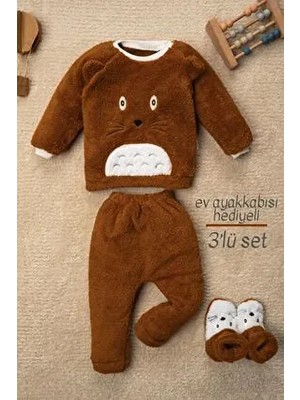 Mai Perla Totoro Nakışlı Welsoft Peluş 3'lü Bebek Takım Uzun Kol Kahverengi Desenli Rahat Fit