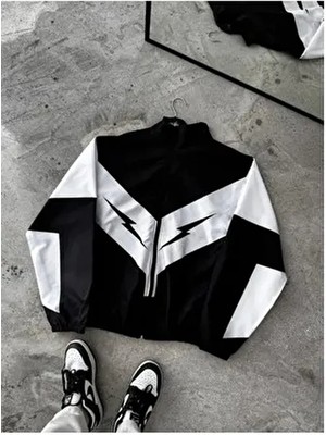 Unisex Paraşüt Kumaş Oversize Dijital Baskılı Siyah Rüzgarlık Yağmurluk