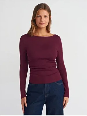 31401 Büzgülü Kayık Yaka Top-Bordo