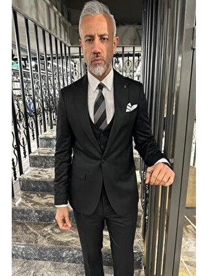 Fc Plus Yelekli Takım Elbise Slim Fit Erkek Siyah Renk Düz Desenli Modern Stil