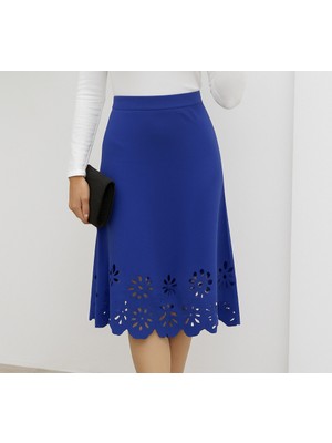 Kadın Yüksek Bel Lazer Kesim Detaylı Midi Ithal Krep Etek