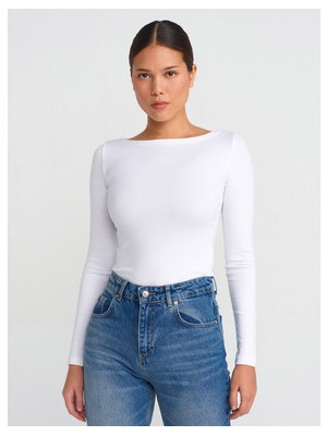 31332 Kayık Yaka Uzun Kollu Top-Beyaz