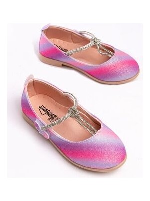 Papuccum Kız Çocuk Renkli Simli Babet Ortopedik Taban Tekstil Malzemeden Kaydırmaz Taban Düz Topuk