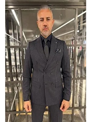 Fc Plus Kruvaze Çizgili Takım Elbise Siyah Slim Fit Erkek Modeli Tüm Sezonlar İçin Uygun