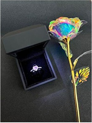 Sepetten Eve Işıklı Kalpli Yüzük Ayarlanabilir Çelik Yüzük Zirkon Taşlı Ciddi İlişki Yüzüğü Hediyelik Kutusunda