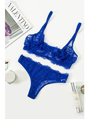 La Linaa Anna Saks Mavi Dantel Kapsız Sütyen ve Külot Takım 2 Parça Düz Desen ile Şık Tasarım