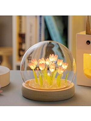 Belirtilmemiş Lale Kristal Işıklı Küre Pembe Büyük Boy (15X15 cm) Şeffaf Cam ve Ahşap Taban ile Dekoratif