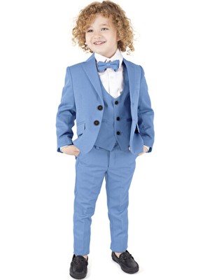 Erkek Çocuk Ceketli Smokin Takım Elbise Turkuaz Renkli Regular Fit Model Ceket Pantolon Yelek Gömlek Papyon