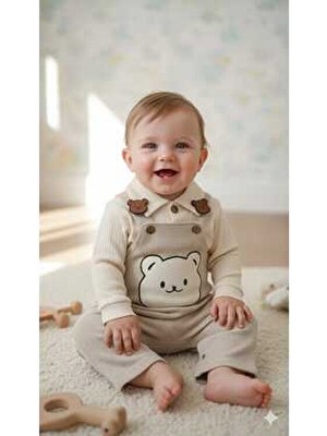 Uzun Kollu Askılı Tulum, Sevimli Hayvan Desenli  Gömlek Yaka Bebek Takımı