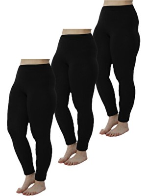 Yumuşak Dokulu 3'lü Büyük Beden Battal Boy Siyah Uzun Kadın Tayt