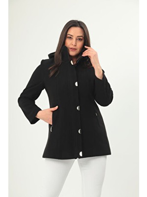 Kapüşonlu Cepli Kaşe Kaban Çıtçıtlı Büyük Beden