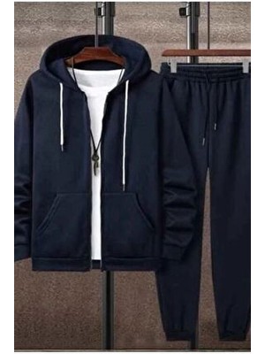 Baskısız Kapşonlu Fermuarlı Eşofman Takımı