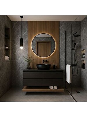 Wallover Design Kablosuz Pilli Ledli Siyah MDF Çerçeveli 4mm Kalite Cam Dekoratif Ayna Yuvarlak Tasarım