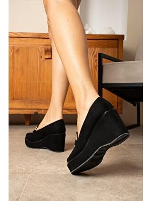 Zenneshoes Dolgu Topuklu Kadın Ayakkabı Suni Deri Siyah Süet Tabanı Poli Ortopedik Konforlu Kullanım