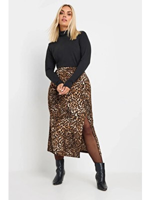 Büyük Beden Beli Lastikli Yırtmaçlı Leopar Desenli Midi Boy Etek 303706