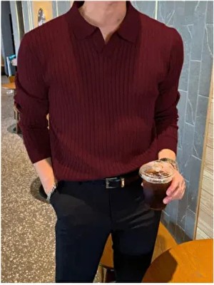 Tarz Cool Bordo Erkek Polo Yaka Fitilli Triko Kazak Slim Fit Casual Stil ile Şık Görünüm Sunar