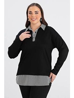 Kadın Büyük Beden Yaka Etek Ucu Çizgili Dokuma Gömlek Detay Yan Oval Kesim Esnek Viskon Bluz