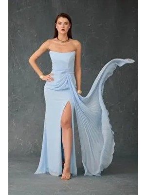 Bebe Mavi Straplez Yırtmaçlı Şifon Abiye Elbise