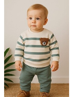 Dinamik çocuk Çizgili Punch Ayıcık Omuzdan Çıtçıtlı Bebek Takımı 2li Alt Üst Mevsimlik Aylık 3-6-9-12ay