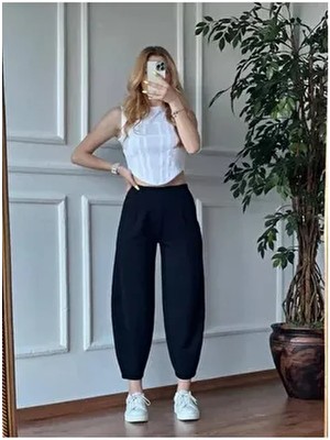 Mevamoss Kadın Şalvar Model Beli Lastikli Pamuklu Pantolon Uzun Bol Kesim Düz Desen