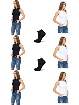 6'lı Sıfır Kollu Elastan Bisiklet Yaka Atlet/badi Karışık Renk 2 Çift Çorap Hediyeli