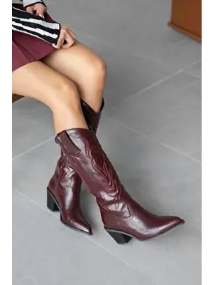 Straswans Ruby Kadın Nakış Detay Kırışık Deri Çizme Bordo