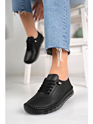 Tsm Kadın Hakiki Deri Günlük Ayakkabı Siyah PVC Tabanlı Modern Tasarım