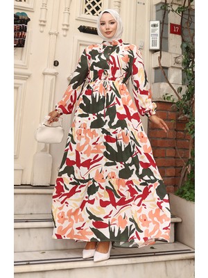 Modal Kumaş Beli Bağcıklı Elbise 0165-01 Haki Bordo