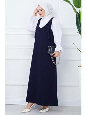Nehir Lacivert Klasik Stil Örme Jile Elbise Kadın Tesettür Giyim Salopet Model
