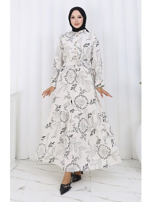 Keten Kumaş Beli Bağcıklı Düğmeli Elbise 0173C-04 Bej Siyah