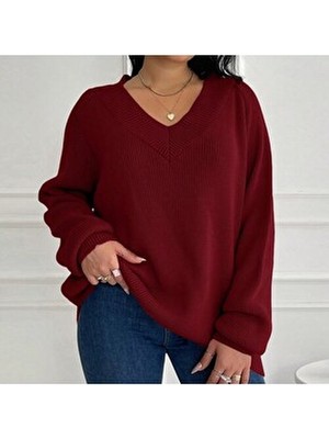 Efendix Büyük Beden Kadın Triko Kazak V Yaka Kırmızı Renk ile Şık Casual Stil