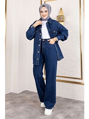 Tesettür Dünyası More Denim Takım Kadın Koyu Mavi Regular Fit Düz Desen Şık Tasarım
