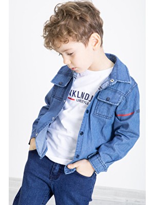 Mavi Bisiklet Yaka Tişörtlü Sırtı Baskılı Erkek Çocuk Jean Gömlek 20094