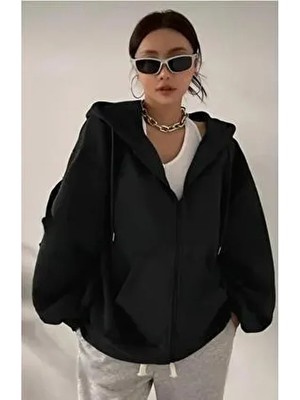 Belirtilmemiş Unisex Siyah Kapüşonlu Fermuarlı Hırka %80 Pamuk %20 Polyester Düz Desen ile Günlük Kullanım