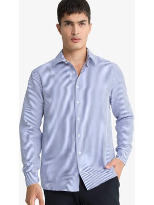 DeFacto Modern Fit Polo Yaka Çizgili Krinkıl Uzun Kollu Gömlek D6003AX25AU