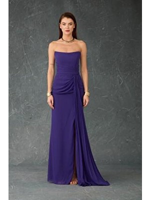 Mor Straplez Yırtmaçlı Şifon Abiye Elbise