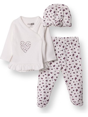 Hellobaby Kız Bebek Yenidoğan Zıbın-Şapka-Patikli Interlok V Yaka Uzun Kol Patikli Paça