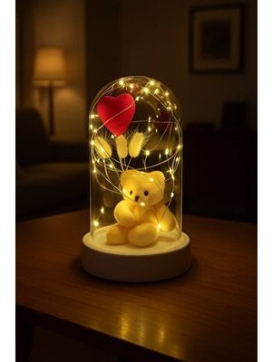 Alshop Beyaz Tabanlı LED Işıklı Kalp Ayıcıklı Fanus Teraryum Şık Tasarım Hediye