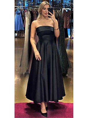 Siyah Straplez Yaka Kloş Etekli Saten Midi Abiye Elbise 7647