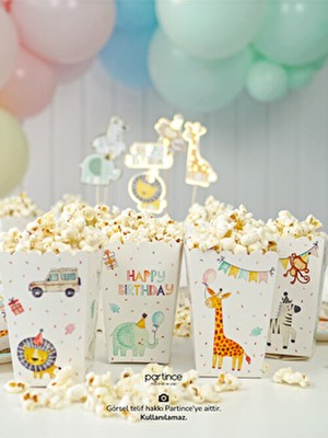 Partince Safari Tema 8'li Popcorn Kutusu Renkli Eğlenceli Tasarım ile Partiler İçin İdeal