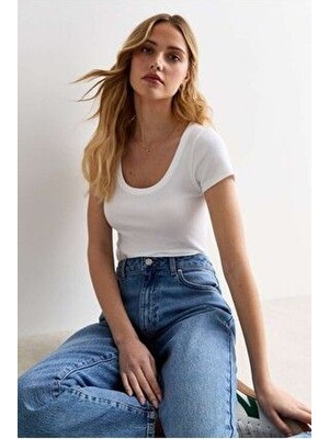 Rooted Kadın Havuz  Yaka T-Shirt & Bluz , Likralı Fitilli Kaşkorse Kumaş