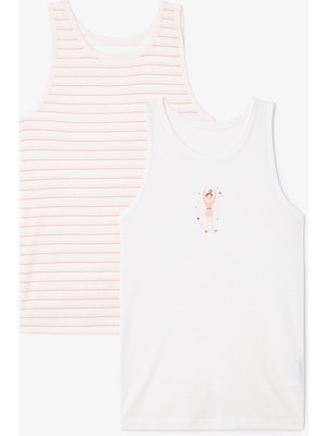 Kırık Beyaz Kız Çocuk Balerin Desenli Kalın Askılı 2'li Atlet