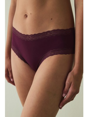 Bordo Dantel Detaylı Pamuklu Orta Bel Hipster Külot