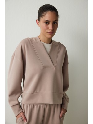 Bej Kapüşonlu Modal Crop Sweatshirt