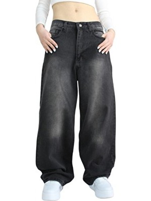 St.Poll Vintage Siyah Yıkamalı Baggy Jean L Beden Günlük Tarz Pamuklu Kadın Modeli