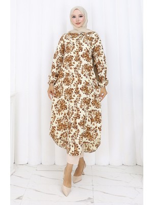 Viskon Kumaş Boydan Düğmeli Uzun Tunik 0174-02 Taba