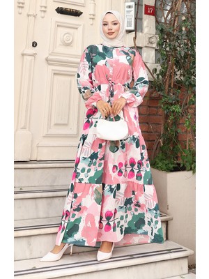 Modal Kumaş Beli Bağcıklı Desenli Elbise 0161-02 Gül Kurusu